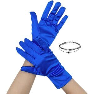 Women's Evening Royal Blue Short Satin Lace Gloves Gothic Choker Necklace design
